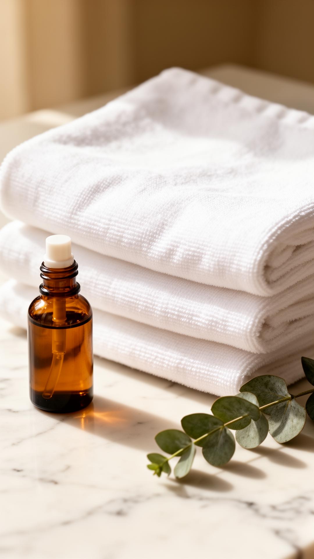 Folded white towels and plant-based cleaning solution on marble